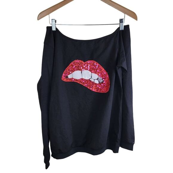 Off The Shoulder Blouse size M Black Sequins Bite Lips Never with Teeth - Picture 9 of 9